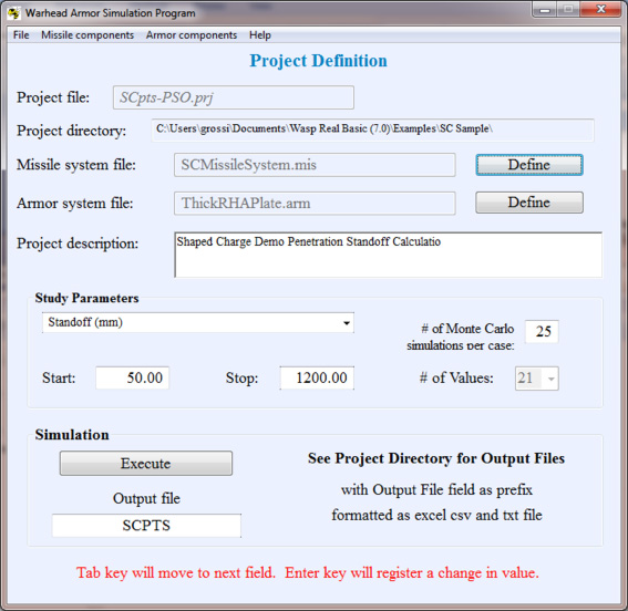 WASP's user interface prompts the user for all required inputs. Completed input data sets for individual warheads, armor elements, and complete warhead and armor systems may be saved for re-use and further analysis.