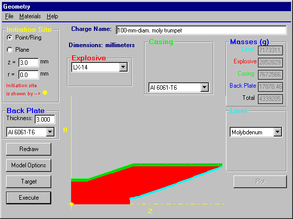 More complex charge configurations, including non-conical liners and boat-tailed casings, may be set up using a convenient Excel spreadsheet.