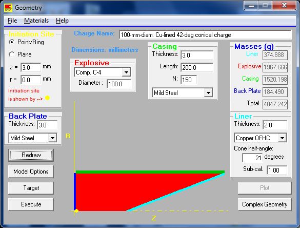 DESC's graphical user interface makes it easy to set up shaped charges for analysis.